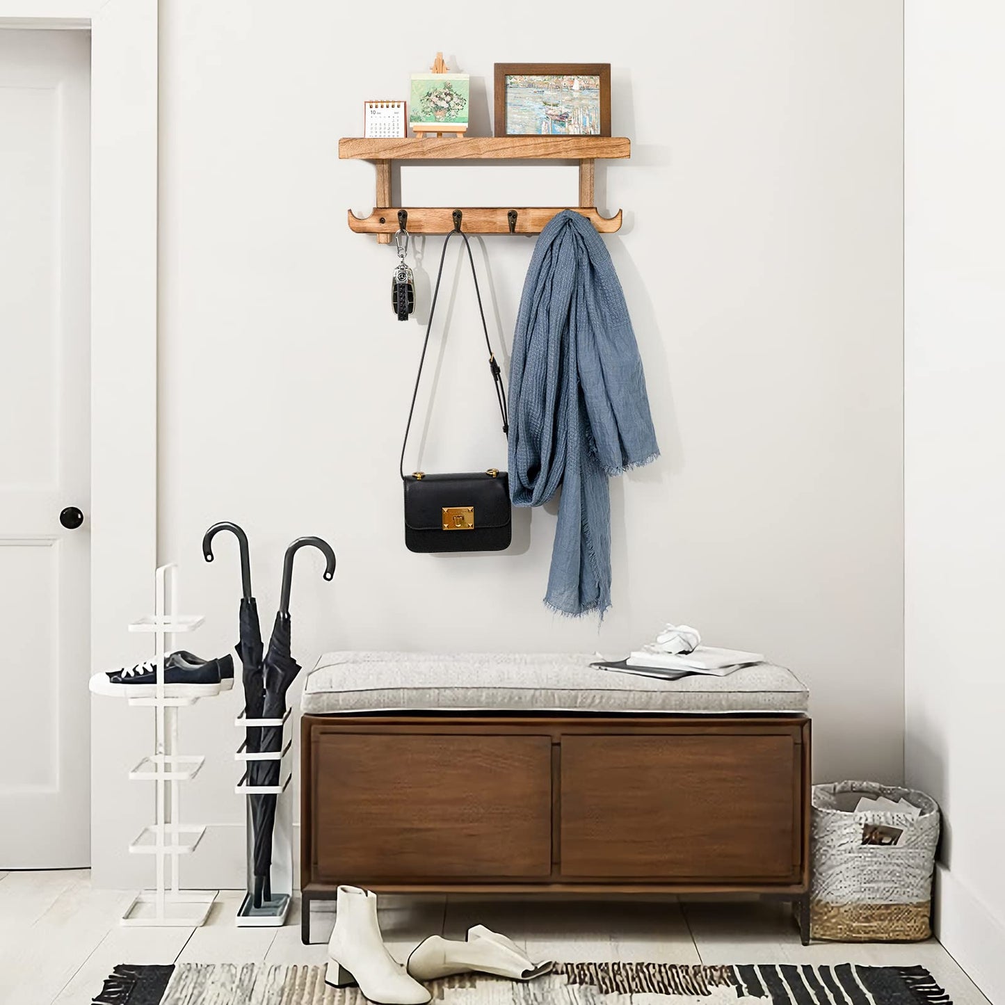 Emfogoo Coat Hooks Wall Mounted, Wood Coat Rack Wall Mount Shelf with Hooks, Farmhouse Wall Coat Rack with Shelf & Vintage Coat Hook for Entryway