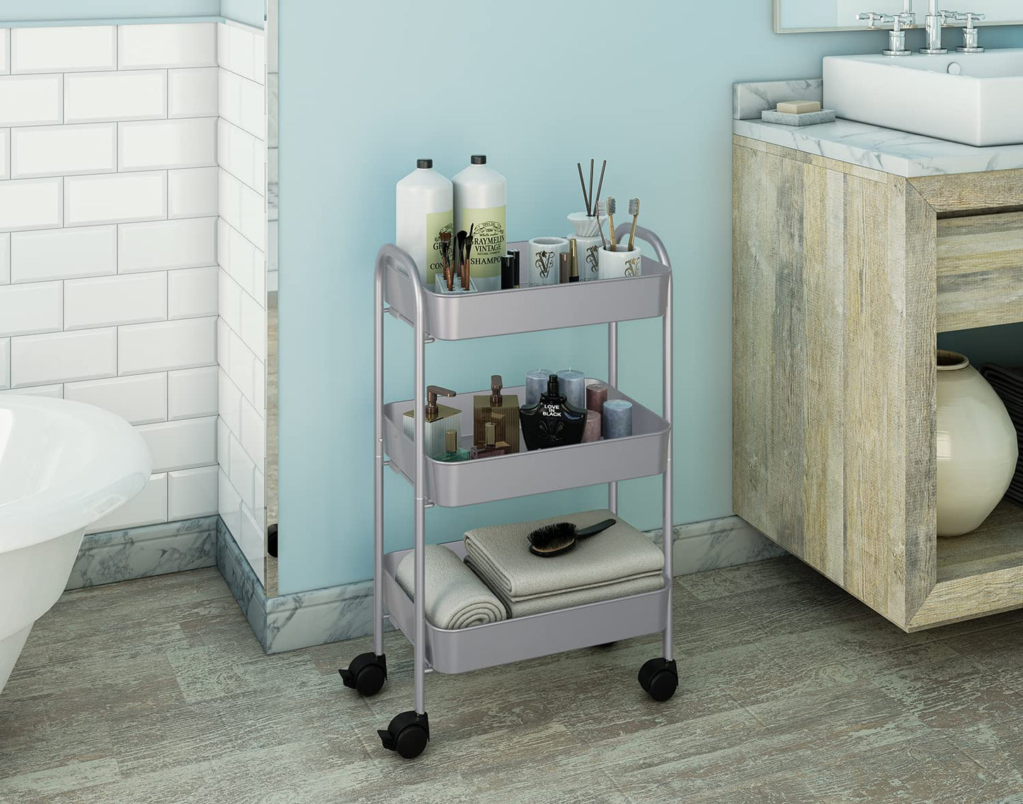 Mabel Home Storage Cart 3 Tier with Wheels and Handle, Metal Storage Utility Rolling Trolley, Multi-Purpose (Grey)