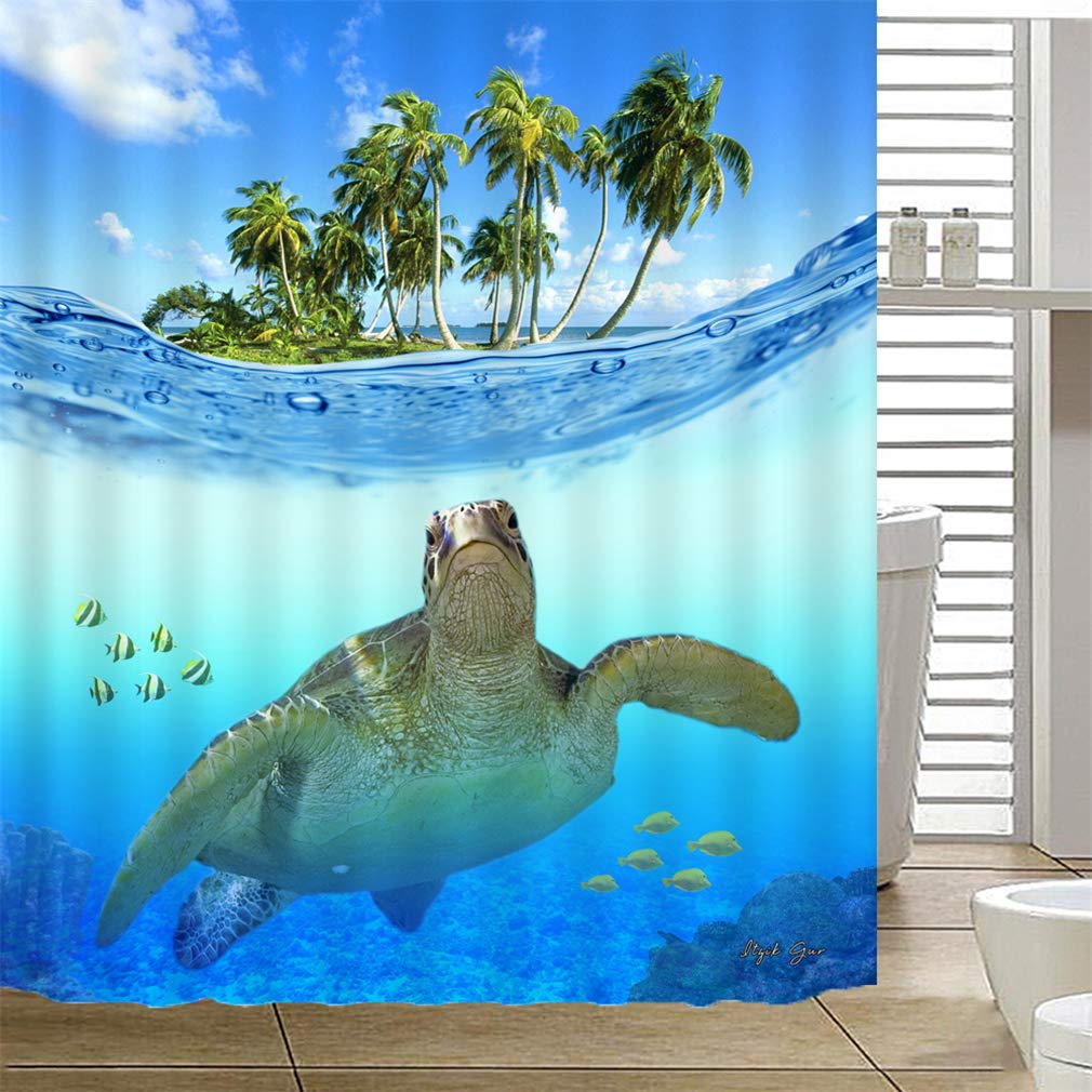 X-Labor Beach Motif Shower Curtain Waterproof Fabric Anti-Mould Includes 12 Shower Curtain Rings Washable Bath Curtain 180 x 200 cm Pattern A
