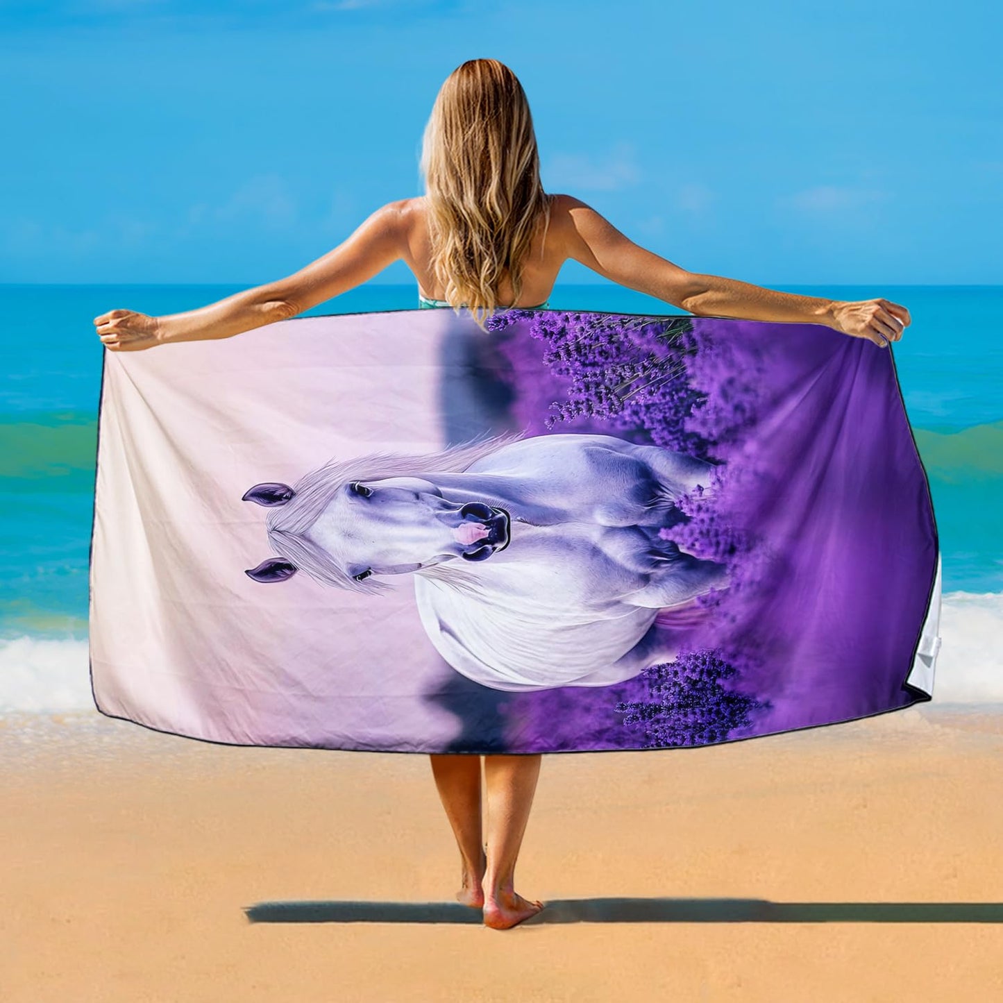 Violetpos Lavender Field White Horse Beach Towel, Extra Large 180x90 cm 250GSM Microfibre, Sand Free Quick Dry