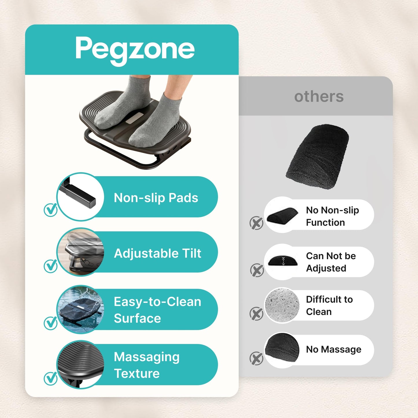 PEGZONE Footrest for Under Desk with Massage, Adjustable Tilt, Steel Base