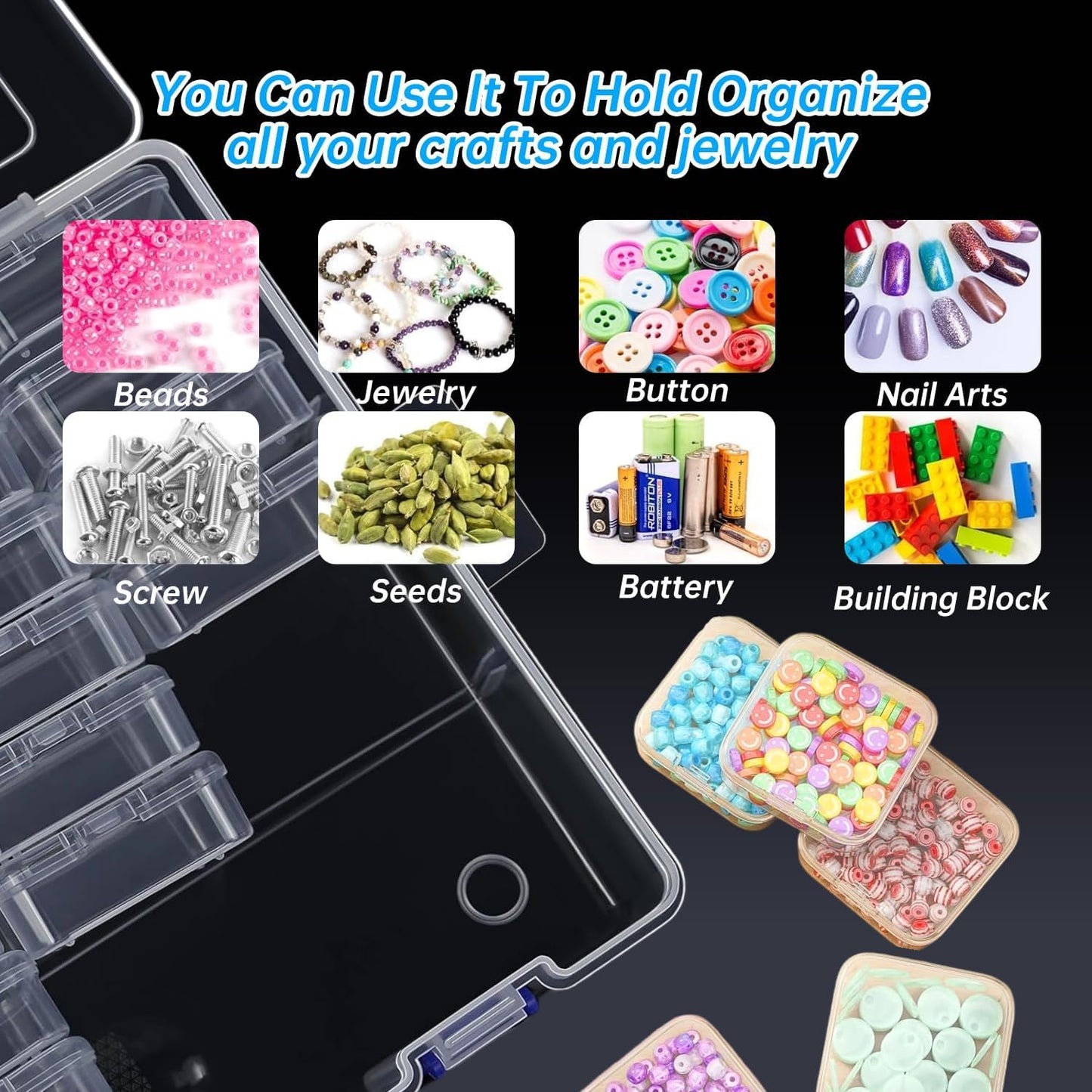 MIRLITICA Bead Organiser Storage Box 45 Pcs with Large Outer Box & 66 Labels – Clear Bead Storage Containers for Diamond Painting, Jewelry Making