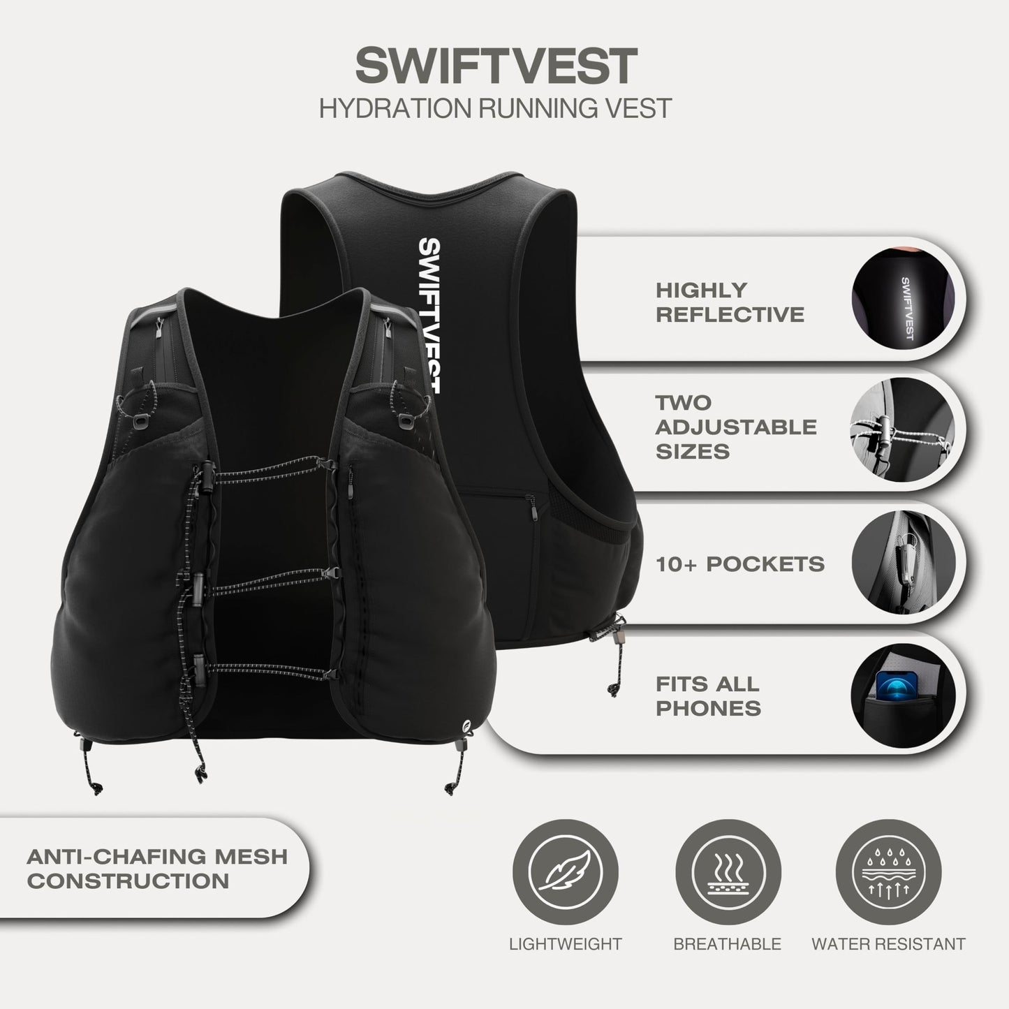SWIFTVEST? Trail Running Vest | Phone & Water Bottle Holder | Hydration Backpack | 10+ Pockets for Running Accessories
