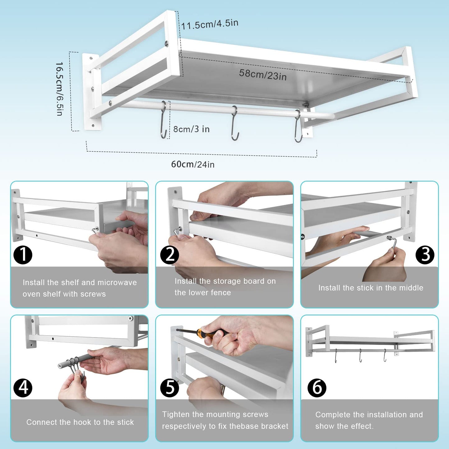 ABCOOL Wall Mount Microwave Oven Shelf Rack for Kitchen Home, Carbon Steel Counter Countertop Holder with Hook Rail and 3 Slidable Hooks