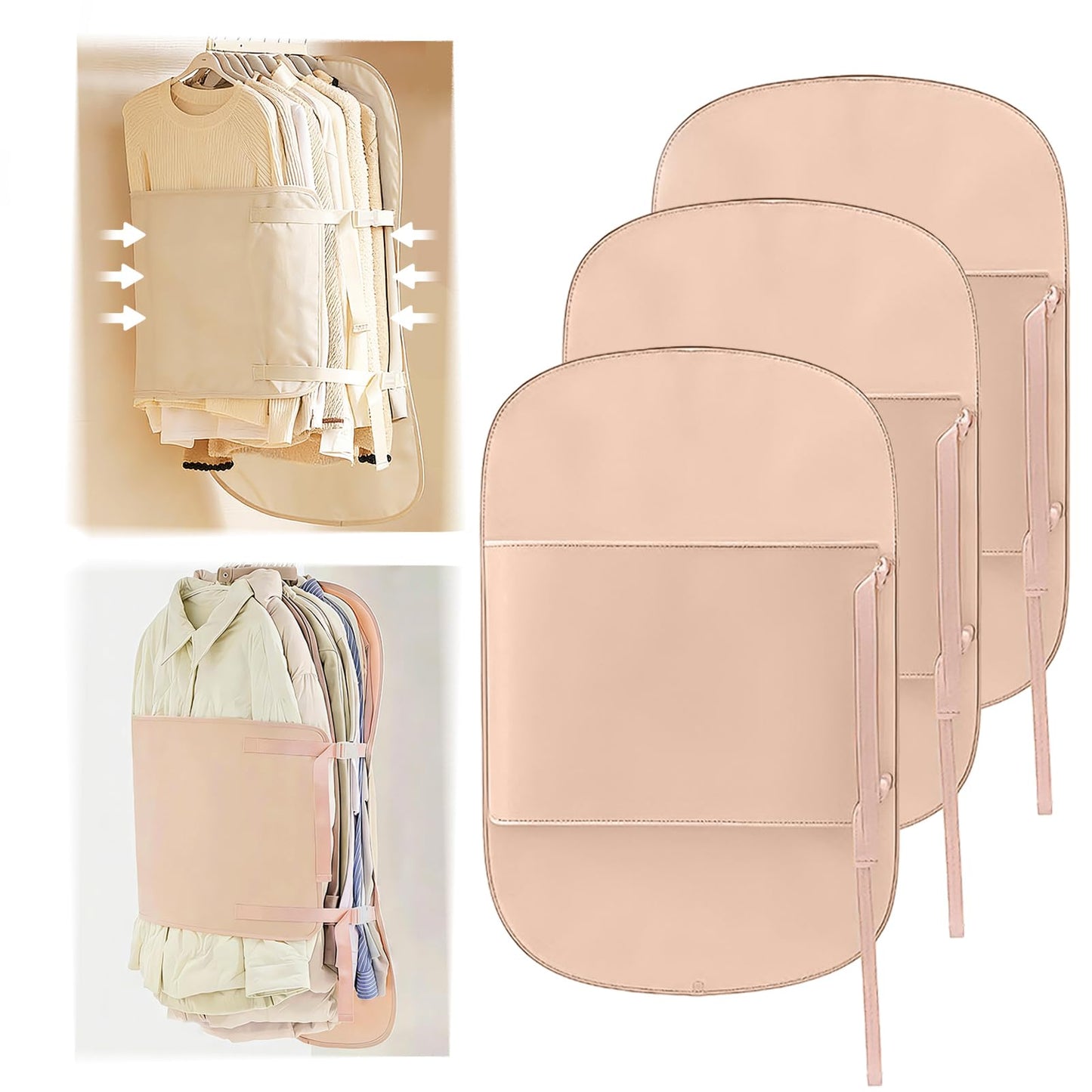 3 PCs Jacket Garment Bag with Self Compression Strap Pink Closet Organiser Space Saver