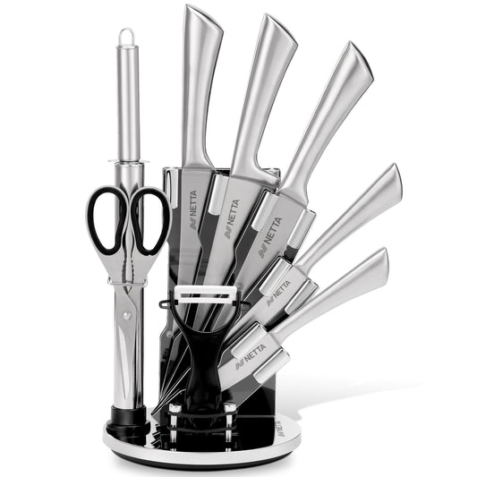 NETTA Kitchen Knife Set with Block - Professional 8-Piece Stainless Steel - Premium Kitchen Set with Clear Storage Block, 5 Knives, Scissors, Knife