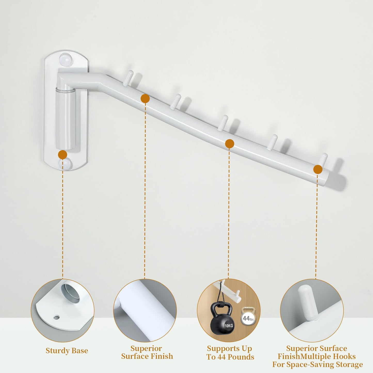 Mooche Wall Mounted Coat Rack White, Swivel Clothes Rail, 27CM