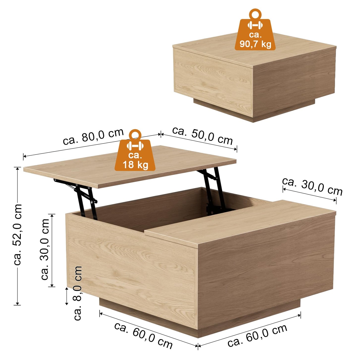 Mossora Natural Lift Top Coffee Table with Hidden Storage, 80 * 80 * 40cm