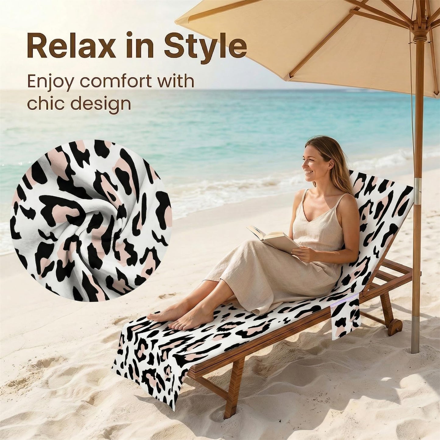 Surwin Sun Lounger Towel with Pockets, Leopard Print Beach Towel Chair Cover Sunbed Towels Lounger Bag for Summer Holiday Outdoor Garden Pool