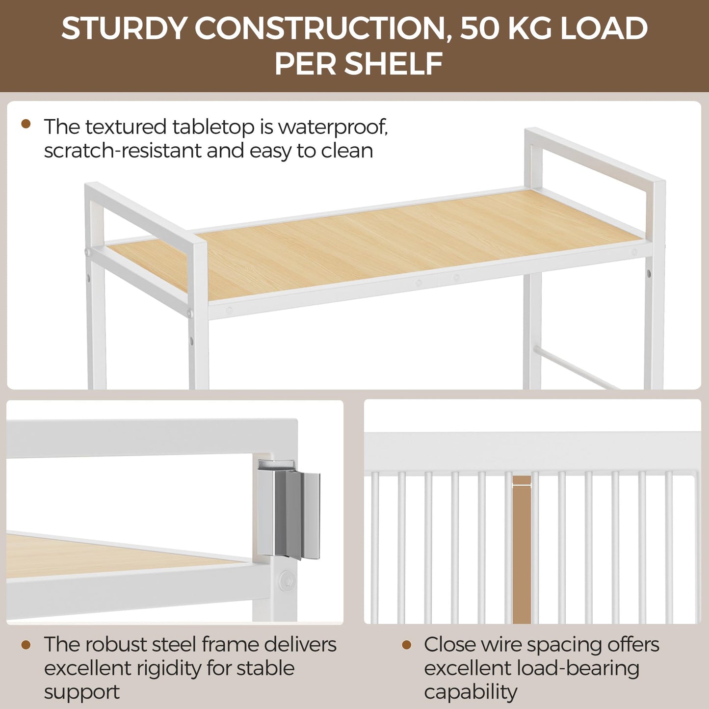 3-Tier kitchen trolley,Oak Wood Top,60W×30Dcm,4 Hooks, Adjustable Shelves
