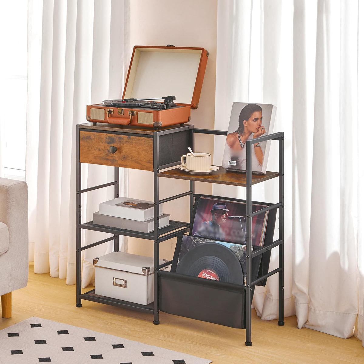HOOBRO Record Player Stand, End Table with Vinyl Storage, 4 Tier Vinyl Record Storage, Side Table with Open Shelves, Turntable Stand for Living Room