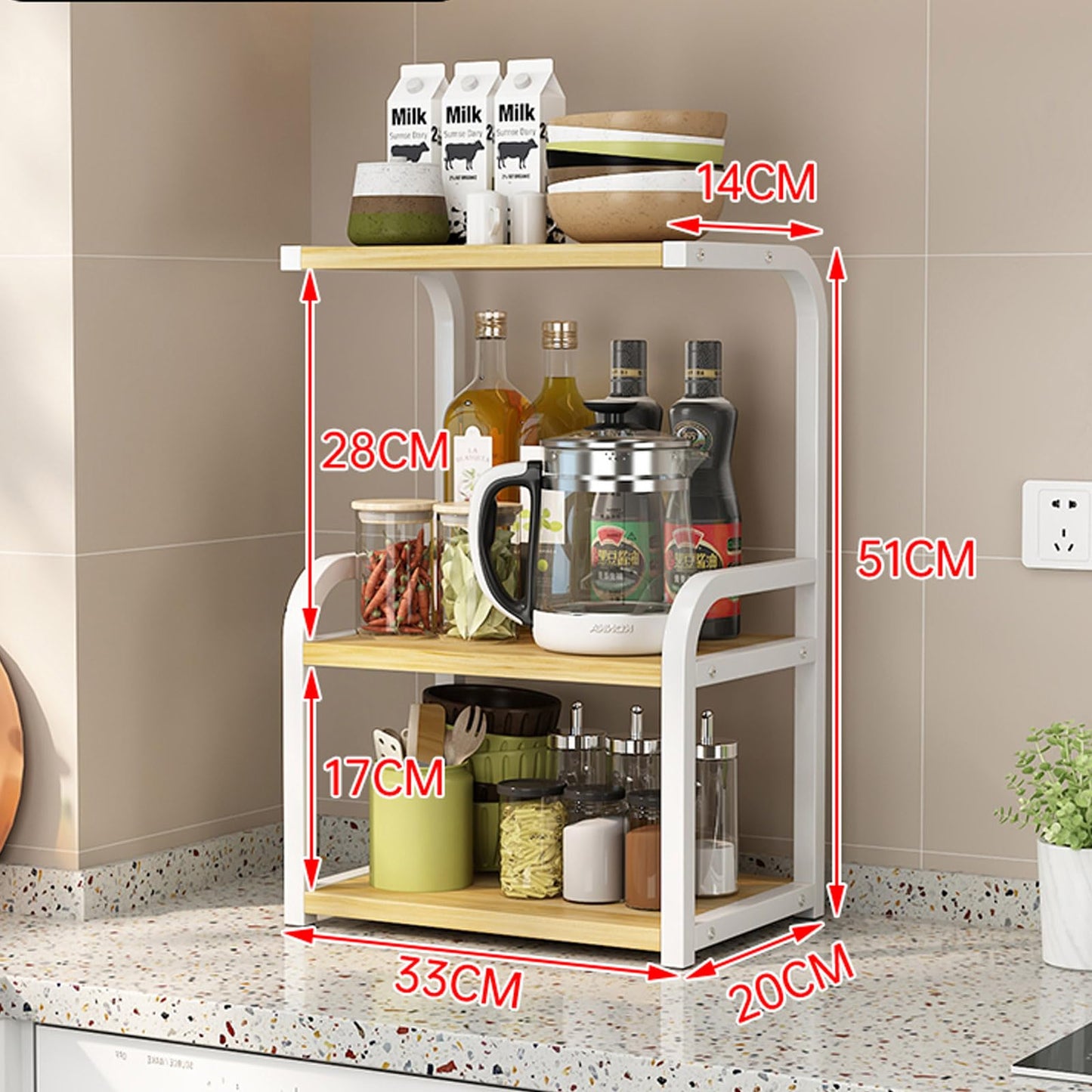 Numjeg Kitchen 3-Tier Spice Rack Metal Rack Counter Shelf Desktop Storage Small Organizer Standing Seasoning Countertop Living Room Desktop White