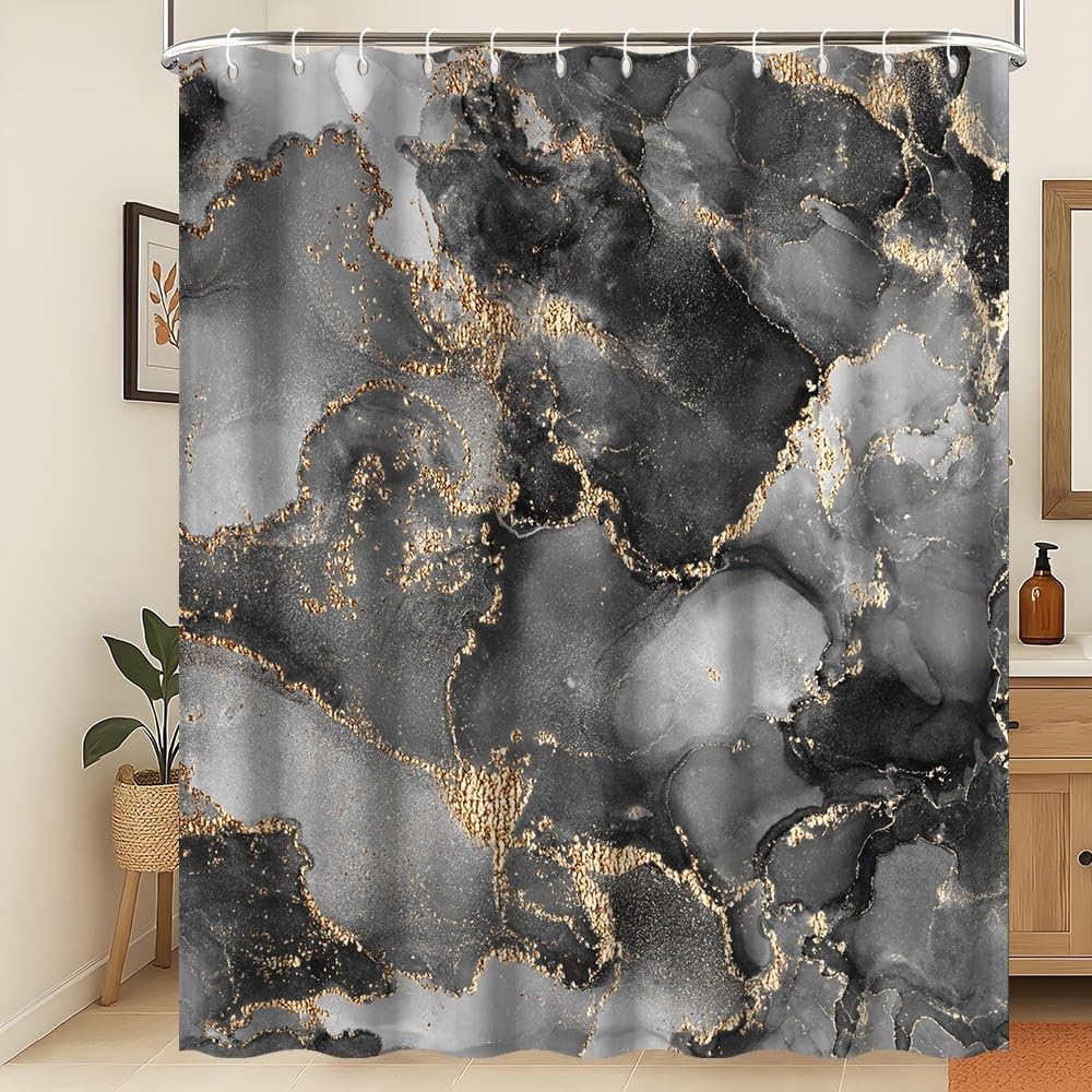 Xiaoterna Marble Fabric Shower Curtain Abstract Black Gold Grey Marble Textured Waterproof Bathroom Curtain Modern Luxury Elegant Mildew Resistant