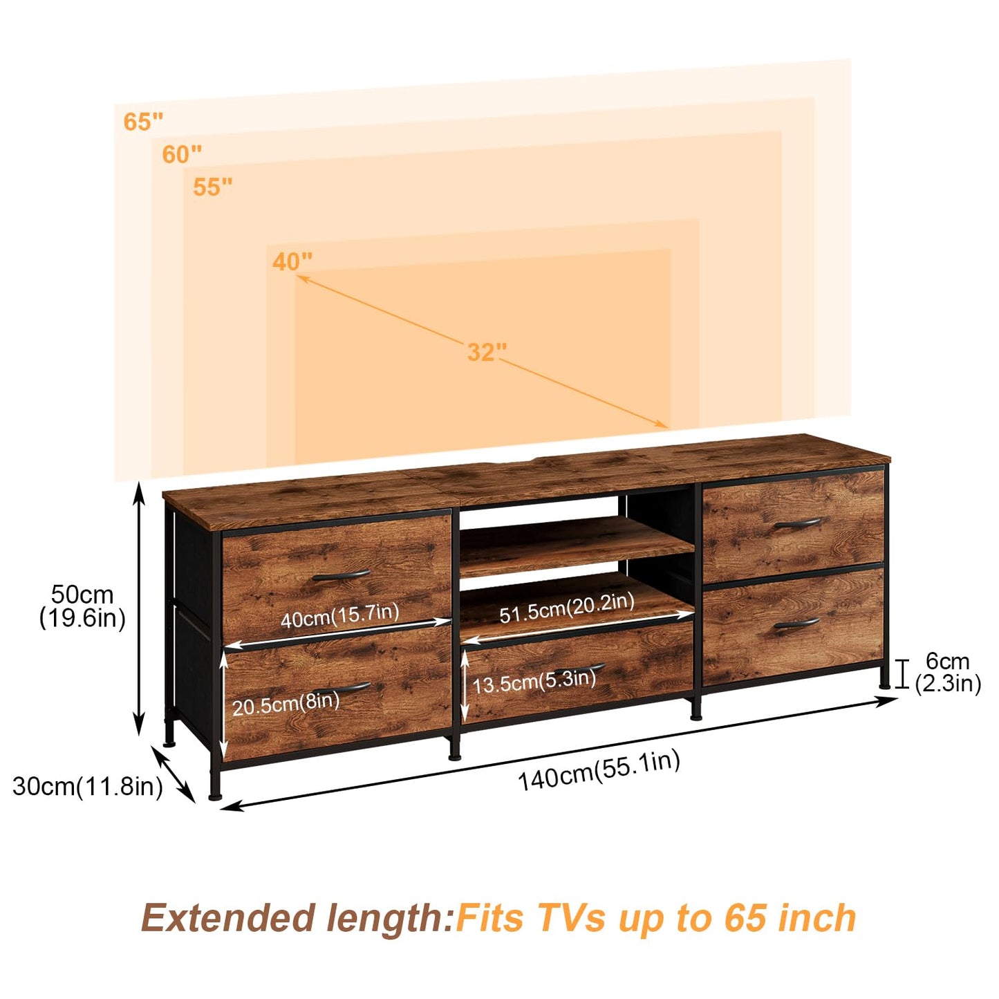 Forthcan TV Stand Cabinet, TV Unit with 5 Drawers, 140 cm, Brown