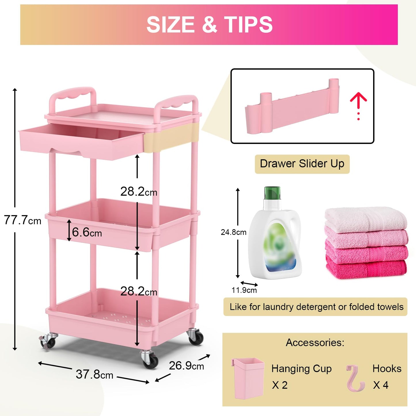 Yeabett 3 Tier Craft Trolley, Storage Trolley On Wheels Utility Cart With Drawer For Kitchen, Bathroom, Office, Living Room, Pink