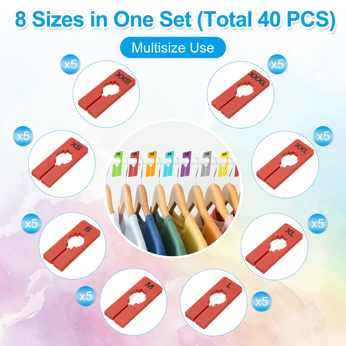 PATIKIL Clothes Dividers for Hanging Clothes, 40 Pack 8 Sizes Rectangle Pre-written Clothing Rack Dividers Size Mark Label Sorting Separator for