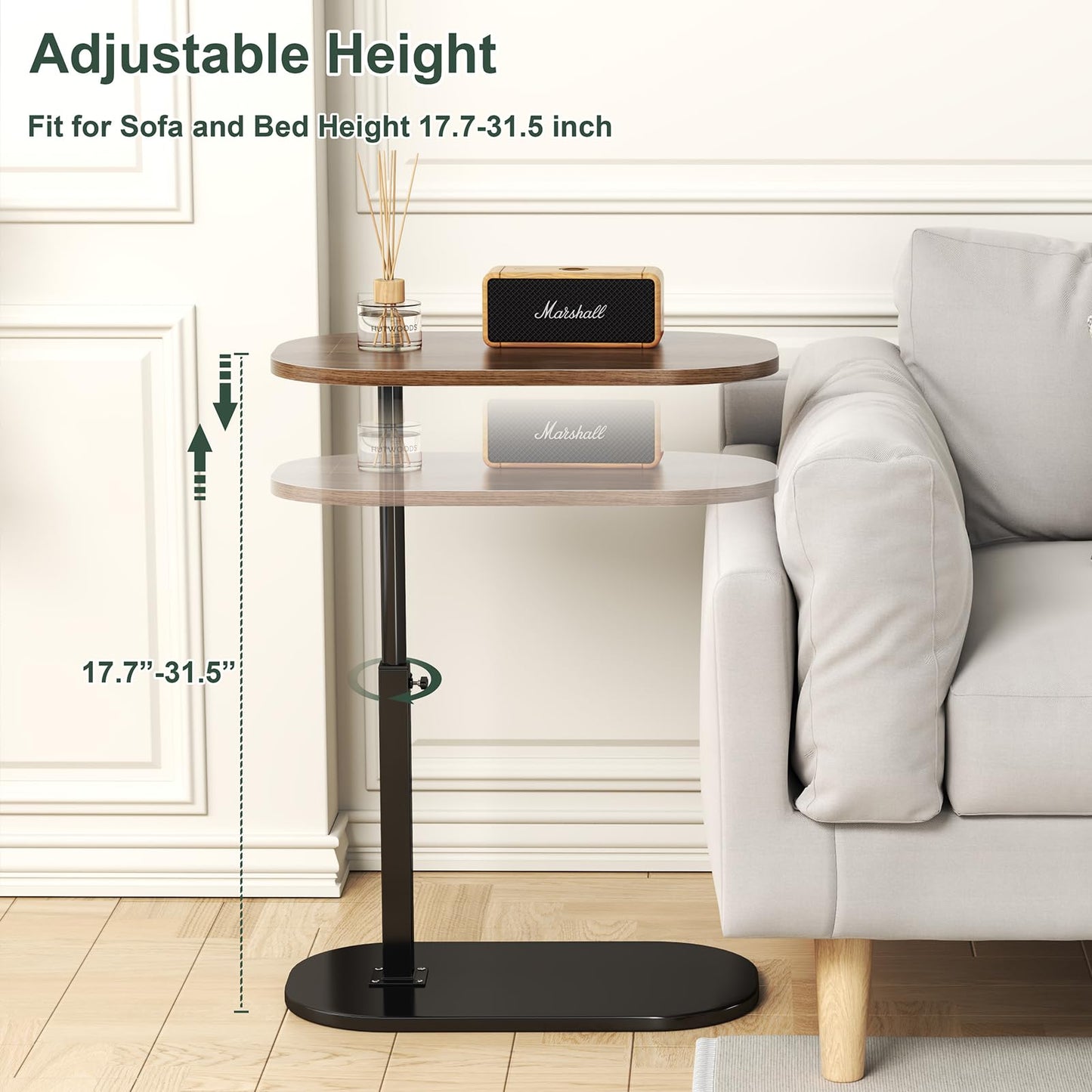 C Shaped Side Table Adjustable Height, 360°Swivel Sofa Side Table That Slide Under, Small Coffee End Table for Couch and Bedside