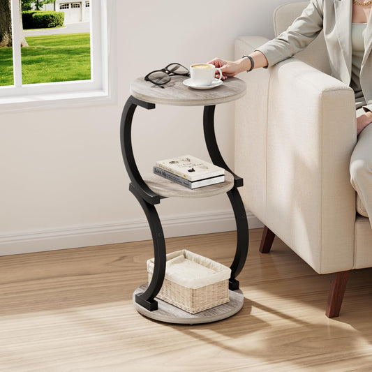 JUSTOGO Small Round Side Table, 3-Tier End Table for Living Room, Vintage Nightstand for Small Spaces Sofa Couch Corner Bedside Bedroom