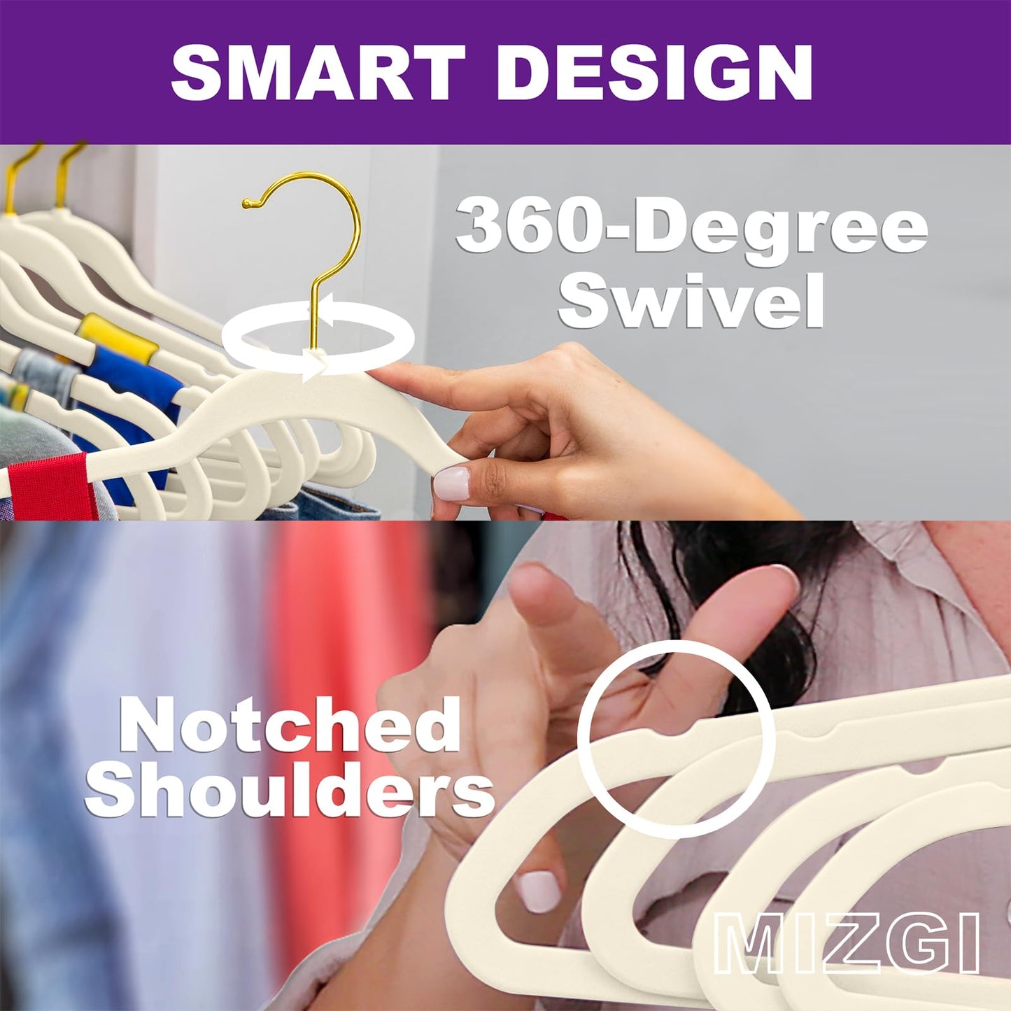 MIZGI Premium Velvet Suit Hangers - Pack of 60 Heavy Duty, Non Slip Slimline with Gold Hooks, Space Saving Ivory Velvet Hangers DK-ke-98