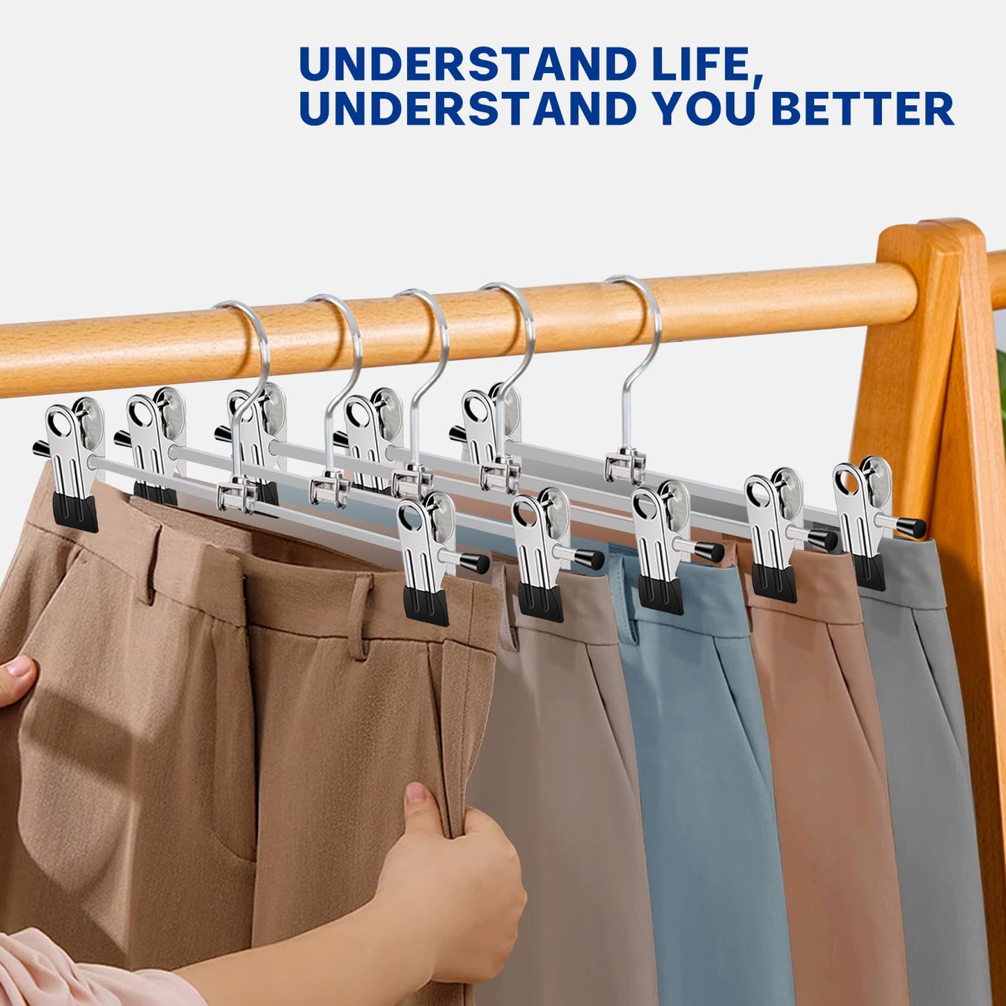 Trouser Hanger, WEIDMAX Pant Hangers 12 Pcs Space Saving Skirt Hangers with Clips Adjustable Non-Slip Coat Suit Skirt Hangers Heavy Duty Chrome