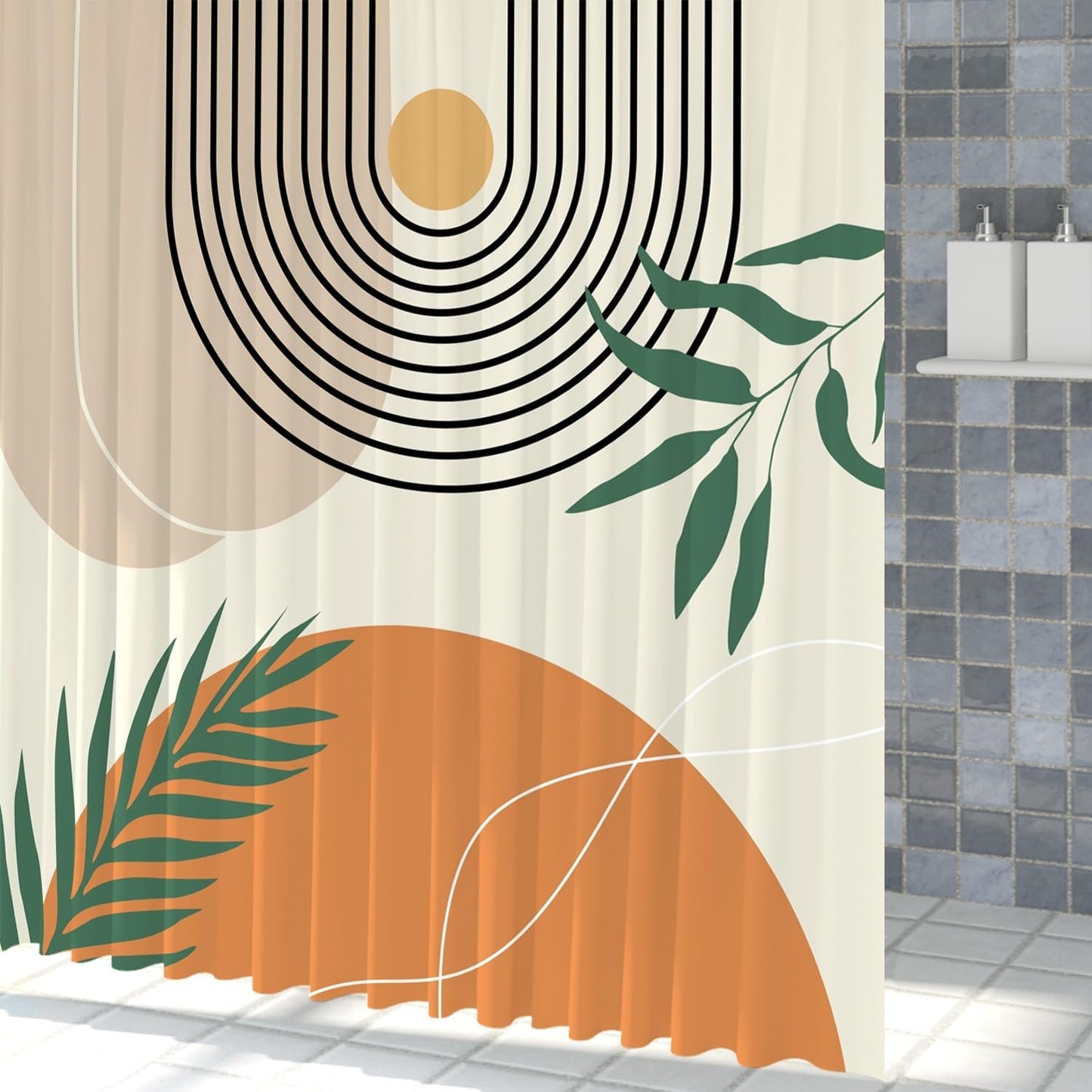 Xiaoterna Boho Sun Line Shower Curtain Rustic Boho Bathroom Curtain Modern Abstract Shower Curtain Green Leaves Sun Lace Lines Shower Curtain Machine