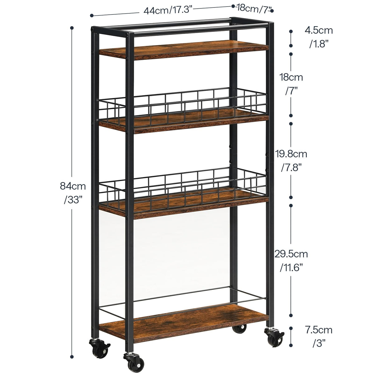 HOOBRO 4-Tier Slim Kitchen Storage Cart, Narrow Rolling Cart for Small Space, Versatile Serving Trolley on Wheels, for Kitchen, Dining Room