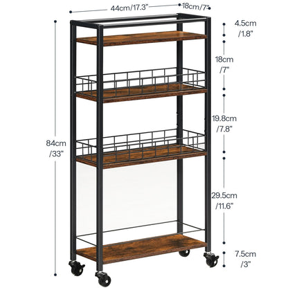 HOOBRO 4-Tier Slim Kitchen Storage Cart, Narrow Rolling Cart for Small Space, Versatile Serving Trolley on Wheels, for Kitchen, Dining Room