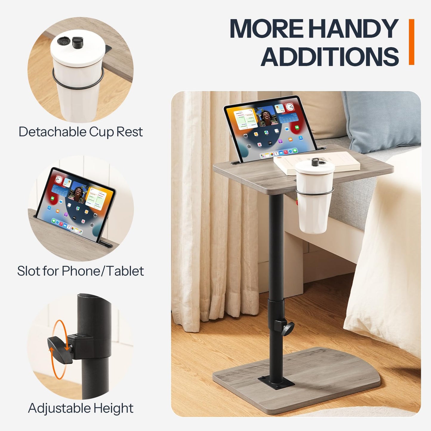 HOOBRO C Shaped Side Table, Height Adjustable Bedside Table, 360° Rotating Sofa Table Laptop Tables with Detachable Cup Holder and Tablet Slot