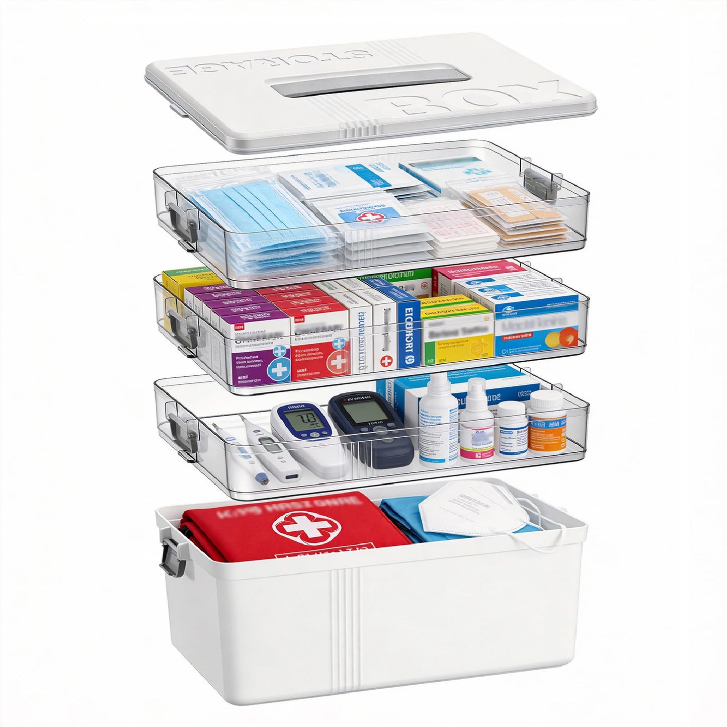 TranRantic 4-Layer Medicine Storage Box, 33.5×22×29cm Large Medicine Box with Leather Handle, Multifunctional Medication Storage Box