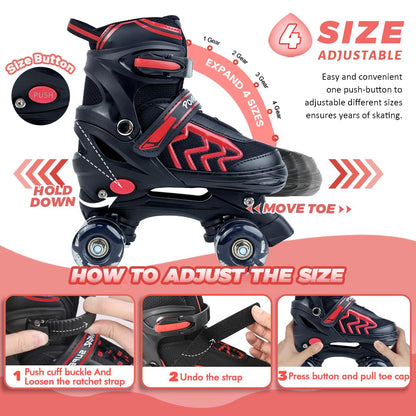Kids Roller Skates for Boys Girls Children Beginners, 4 Sizes Adjustable Roller Skates for Child Toddler Ages 4-6-12 with 8 Light up Wheels