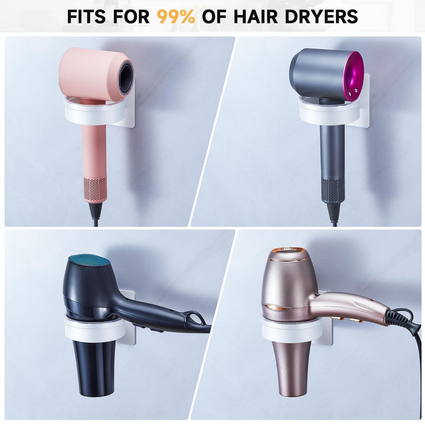 YYBO Hair Dryer Holder Wall Mount, Hairdryer Holder Station for Hair Dryer Storage, Adhesive Hairdryer Stand Rack for Dressing Table Bathroom (White)