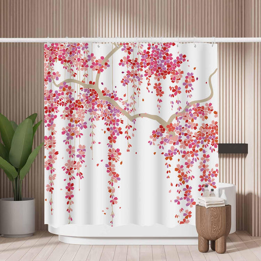 Woutay Shower Curtain Water Repellant Fabric Red Flower Tree,Mould Proof Resistant,Polyester,with 12 Plastic Hooks