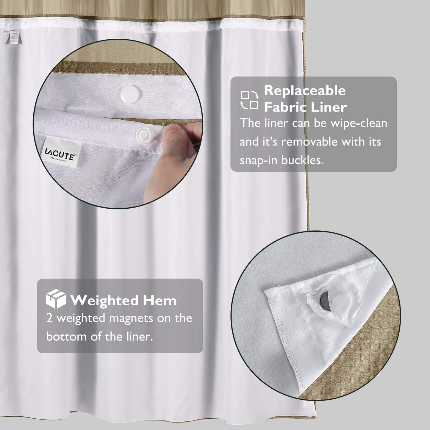 Lagute SnapHook Waffle Weave Fabric Hook Free Shower Curtain with Snap-in Liner, Heavy Duty Bath Curtain with See Through Top, Hotel Grade