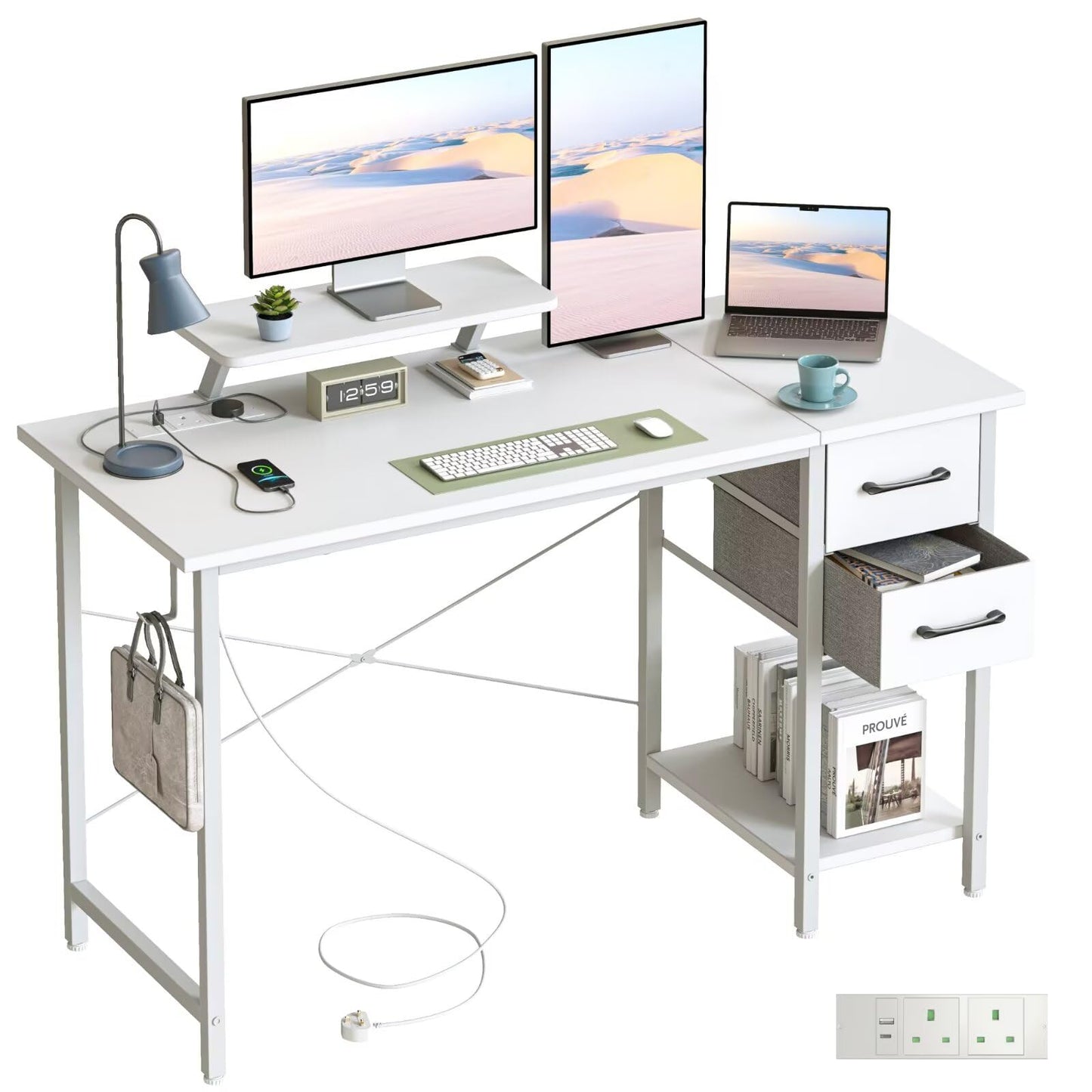 DOMSHOCT Computer Desk with Drawers & Power Outlets, 120*50cm Home Office Desk with Monitor Stand, Gaming Table with Reversible Storage Shelf & Hook