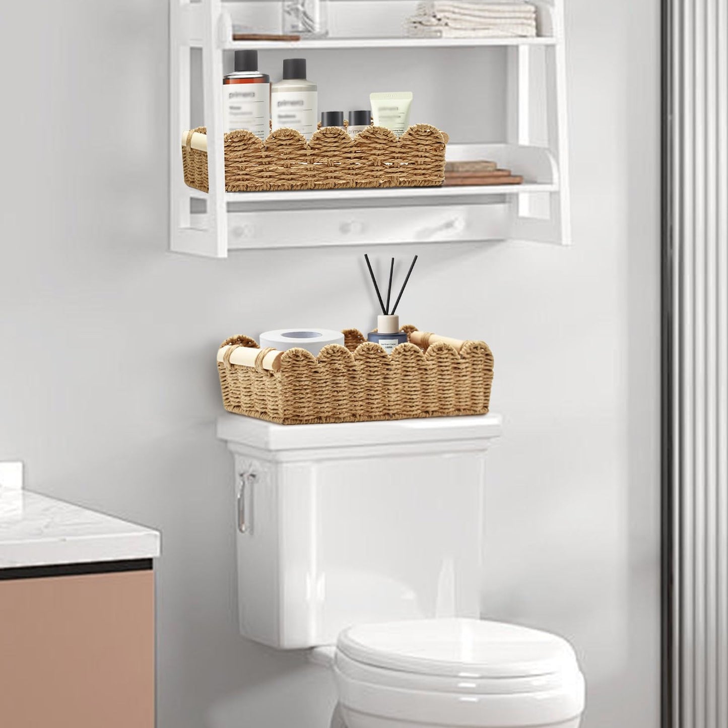 Yiomxhi 2 Pcs Wicker Storage Baskets, Woven Organizer Bins with Wooden Handles, Rope Scalloped Edge Toilet Paper Baskets for Bathroom, Shelf, Kitchen