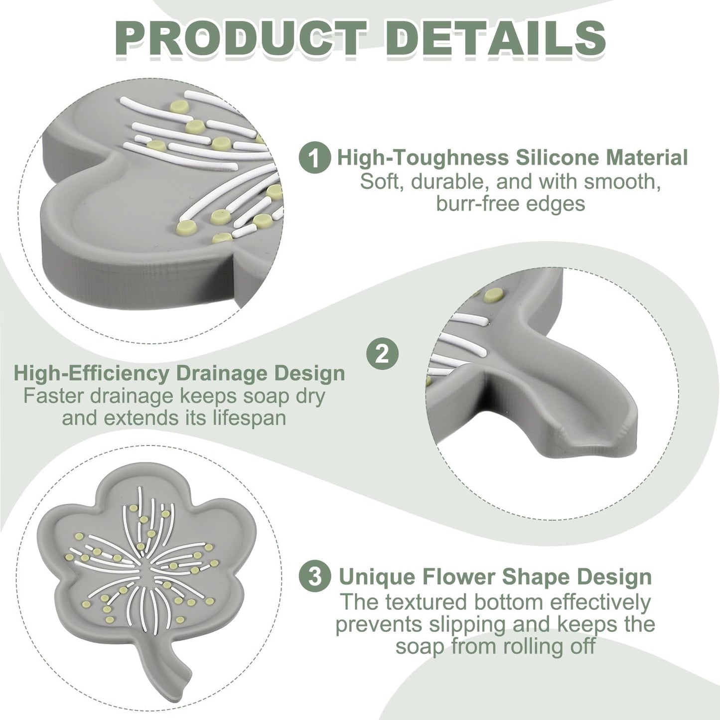 sourcing map Silicone Soap Dish with Drain Spout, Portable Self Draining Flower Shape Soap Saver Holder for Bathroom Kitchen Sink, Gray