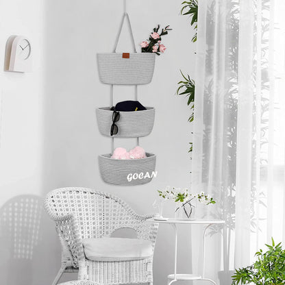 GOCAN 3-Tier Over Door Cotton Rope Woven Hanging Storage BasketGrey