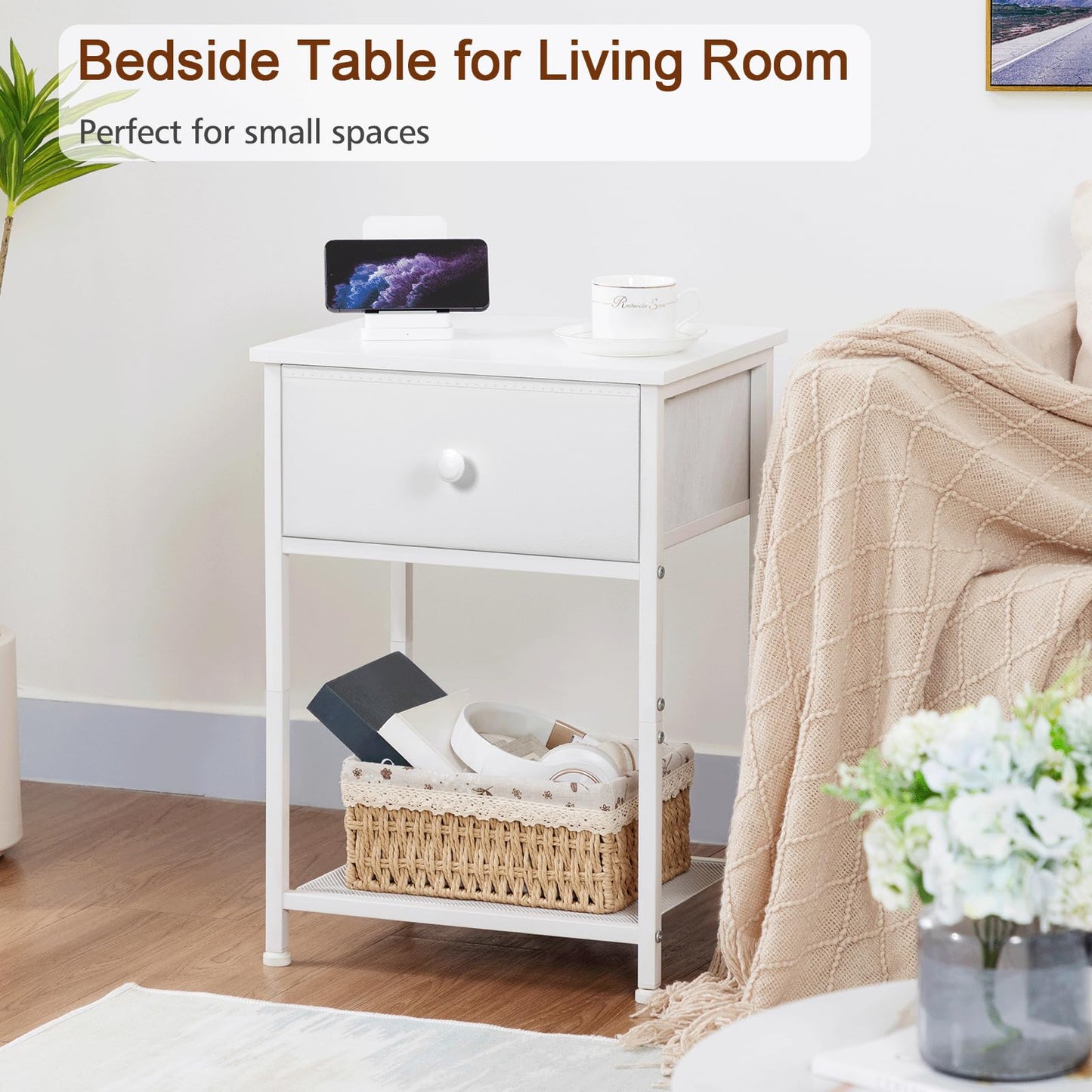 AMHANCIBLE Bedside Table, Side Table with Fabric Drawers, Coffee Table