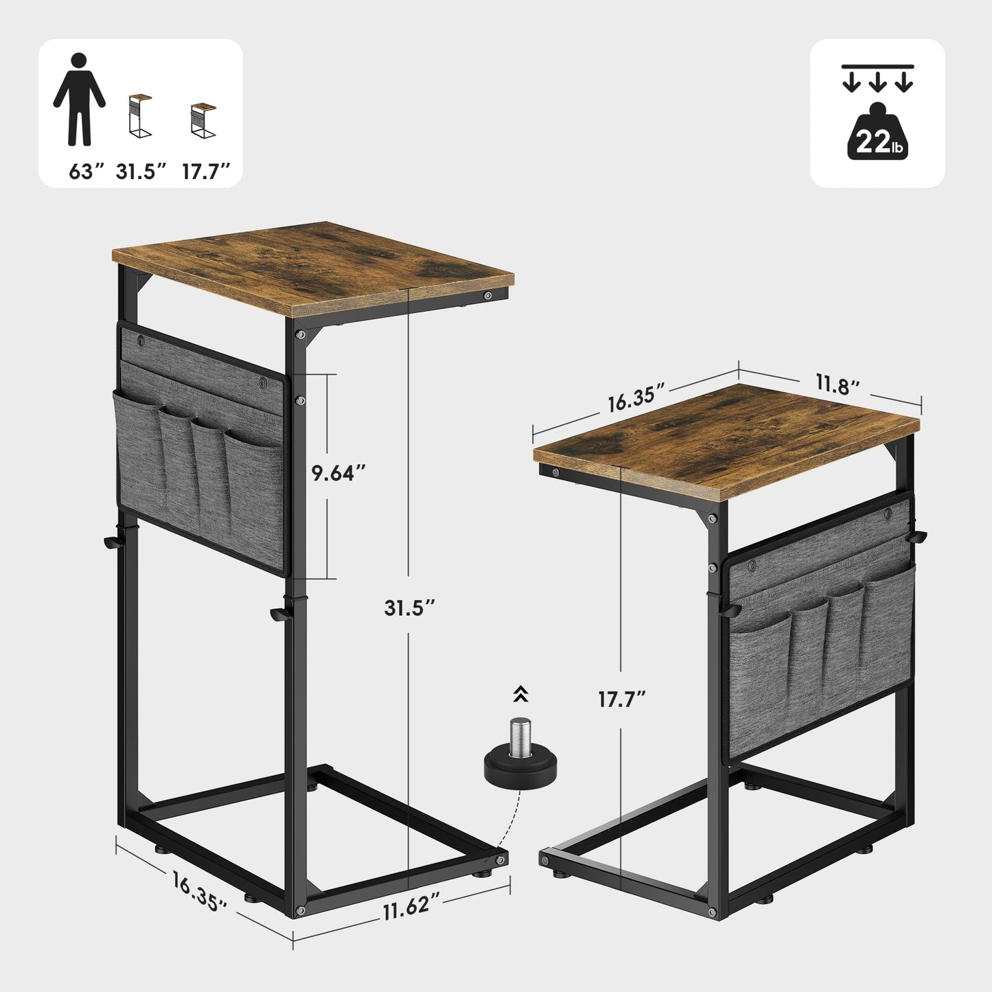 Vagusicc C-Shaped Side Table, Height Adjustable Sofa Side Table, Bedside Table with Cloth Storage Bag, C Table, End Table for Small Spaces