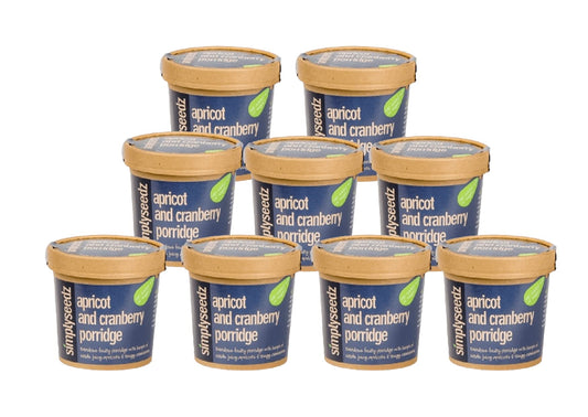 Simplyseedz Jumbo Oats Porridge Pot Apricot & Cranberry. Low sugar. Plant based, Fibre rich with pumpkin & sunflower seeds. Convenient On the Go