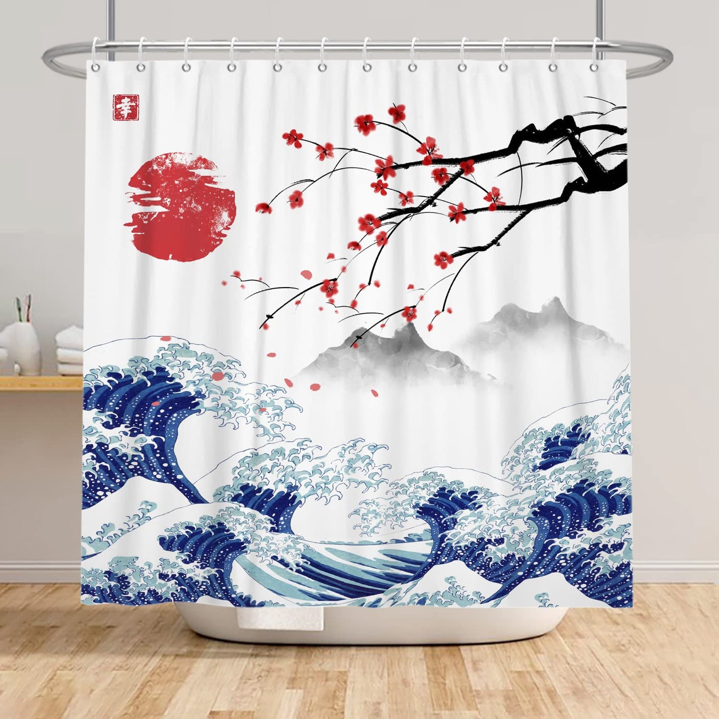 SDOTPMT 165x180cm Japanese Mount Fuji Shower Curtain Cherry Blossom Sunset Asian Ink Painting Bath Curtain Wave Landscape Painting Bathtub Curtain