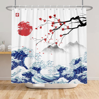 SDOTPMT 165x180cm Japanese Mount Fuji Shower Curtain Cherry Blossom Sunset Asian Ink Painting Bath Curtain Wave Landscape Painting Bathtub Curtain