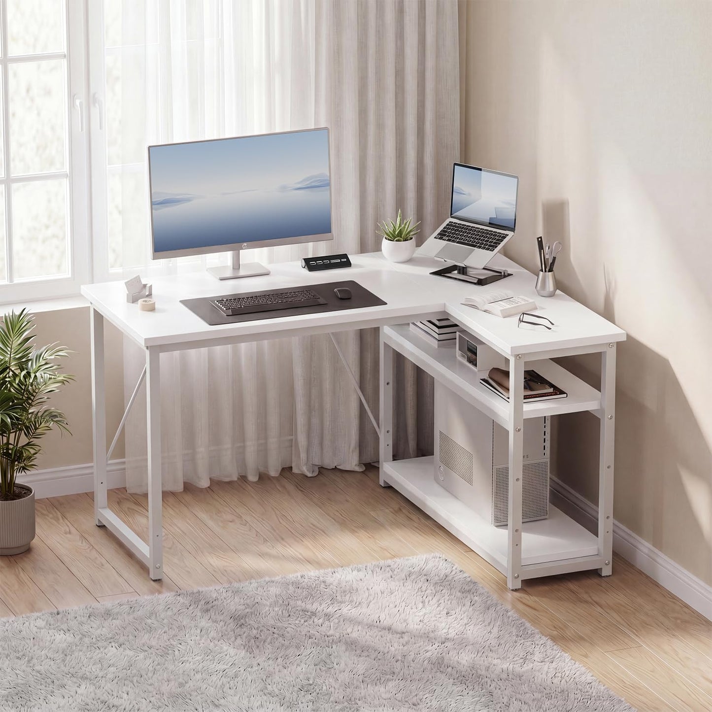 JUMMICO Small 100x80cm L-Shaped Corner Desk with Storage,Compact Corner Computer Desk for Home Office, White
