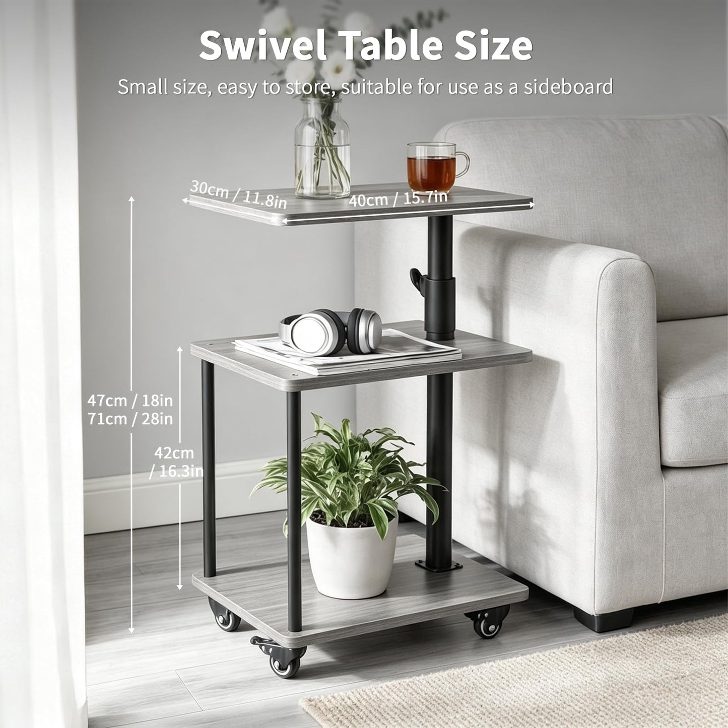 Bingyouth Side Table with Wheels, Height Adjustable Sofa Table with 360° Swivel Top, 3 Tier Bedside Table for Living Room, Bedroom and Small Spaces