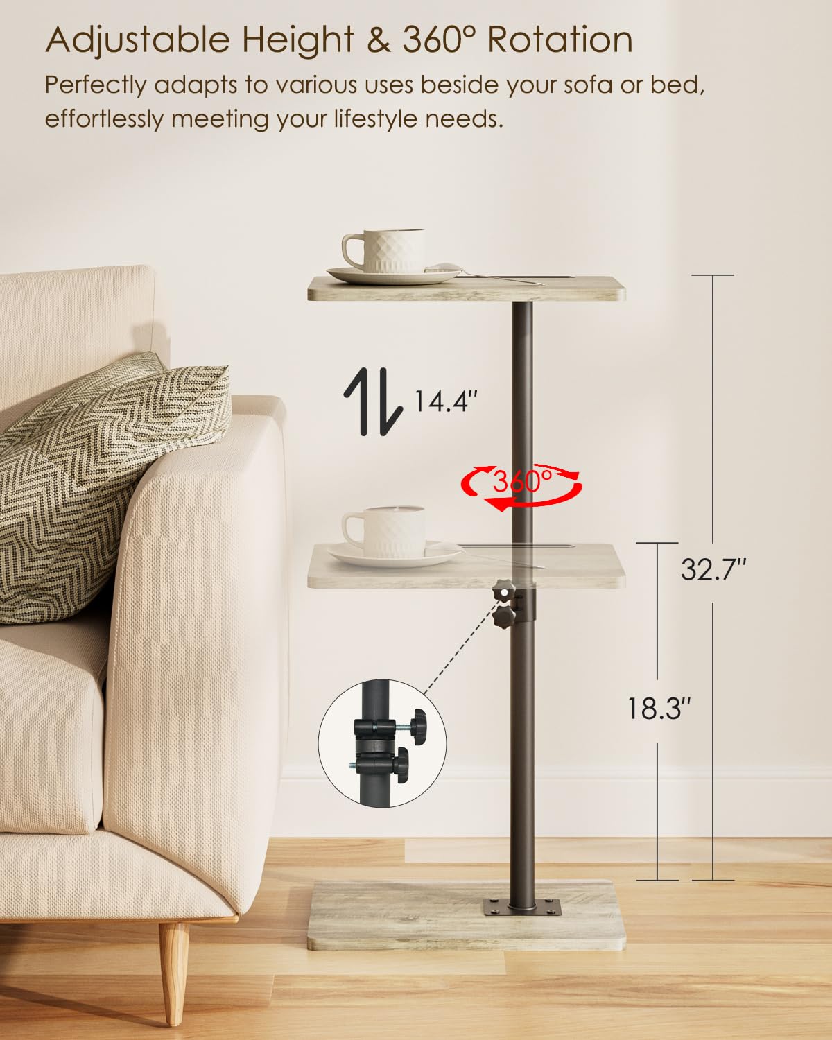 HEYZOEY C-Shaped Side Table Adjustable, 360° Swivel Sofa End Table, 40x30x45-83cm, Small Coffee Table, Bedside Table for Living Room, Bedroom (Grey)