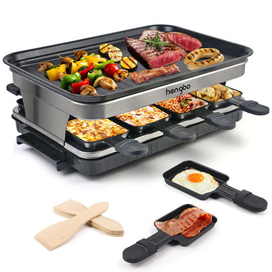 Hengbo Raclette Grill 8 Person Indoor Grill Machine 8 Mini Non Stick Pan for Raclette Cheese Dishes Cooking Party Kitchen Cooker Health Electric