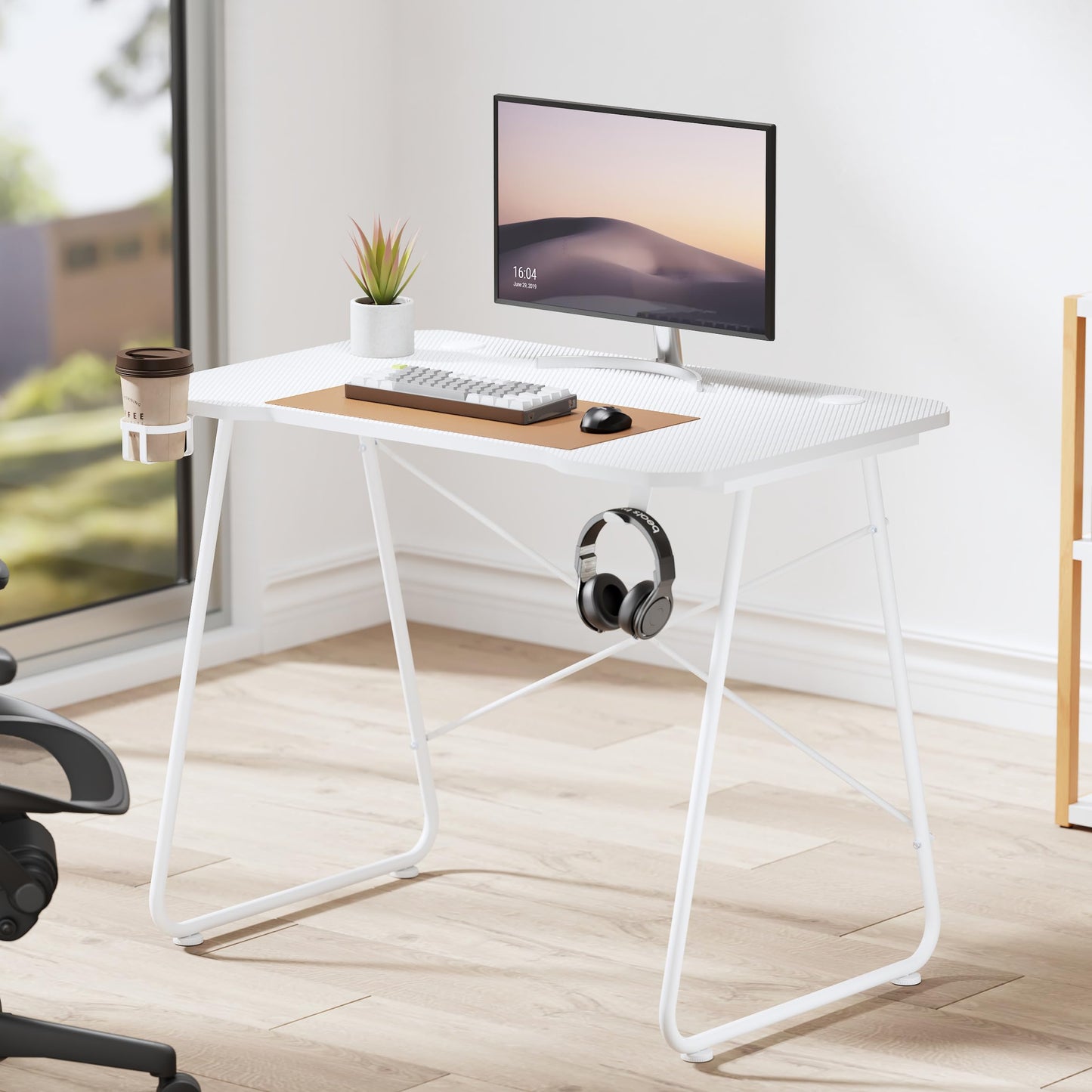Properav Computer Study Desk White for Home Office PC Monitor Laptop Gaming with Headphone Hook & Cup Holder