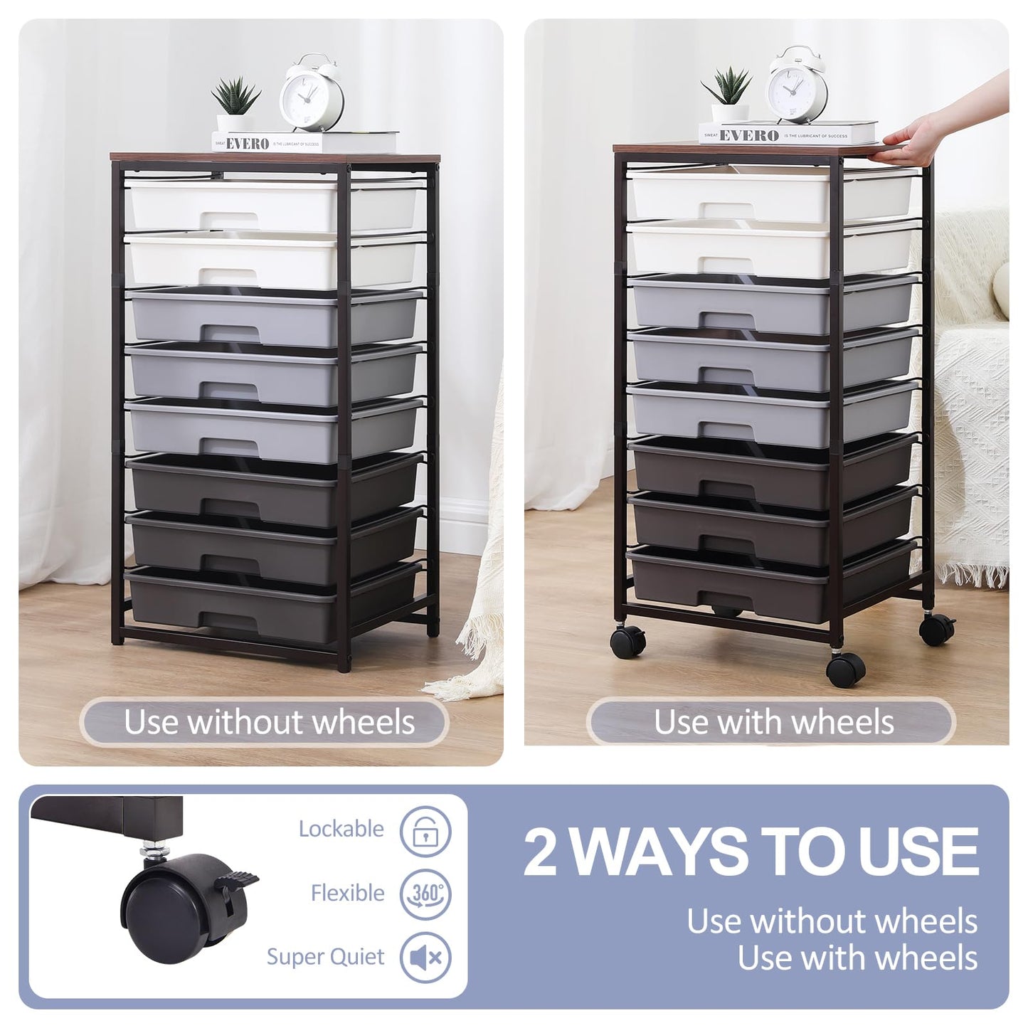 SYKIARIOL 8-Drawer Storage Trolley Rolling Cart with Lockable Wheels, Gray