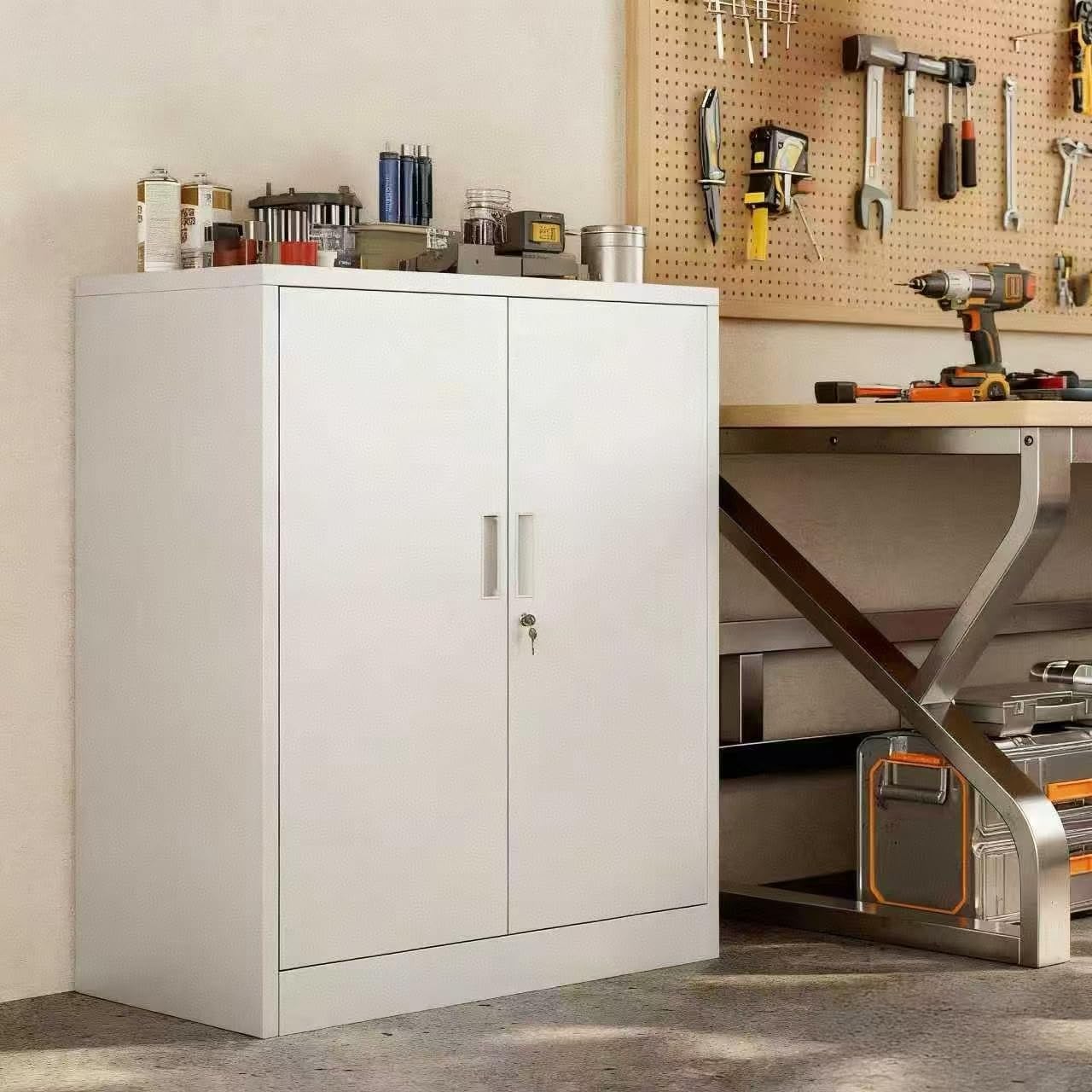 Metal Storage Cabinet, 90cm Locking Storage Cabinet with Doors & Shelves, Steel Storage Cabinet with 2 Adjustable Shelves for Garage, Home, Office