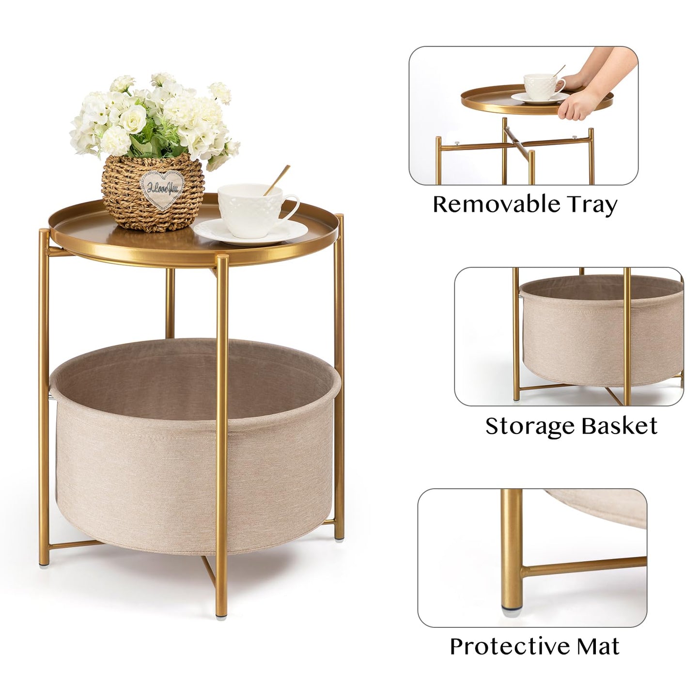 danpinera Round Side Table with Fabric Storage Basket, Metal Side Small Bedside Table Nightstand with Removable Tray Top for Living Room, Bedroom
